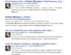 A quick Google search of "Kristen Marquis" (Founder of WebPresence, Esq.) shows several links with her avatar (i.e. headshot).